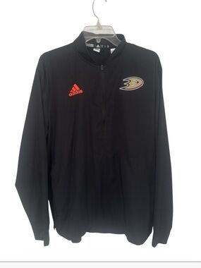 ADIDAS Black Half‑Zip Anaheim Ducks LS Pullover with Orange Logo size medium